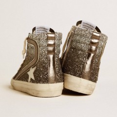 Golden Goose Women's Slide In Black And Silver Glitter With Leather Star And Metallic Flash