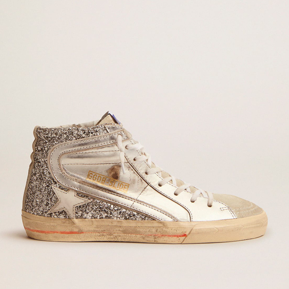 Golden Goose Women's Slide With Laminated Leather Upper And Silver Glitter