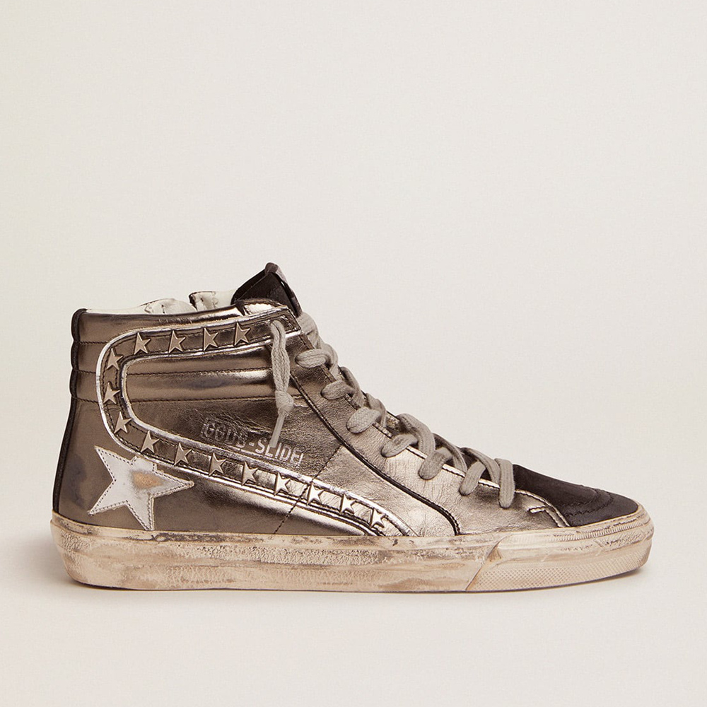 Golden Goose Women's Slide With Silver Laminated Leather Upper And Studs