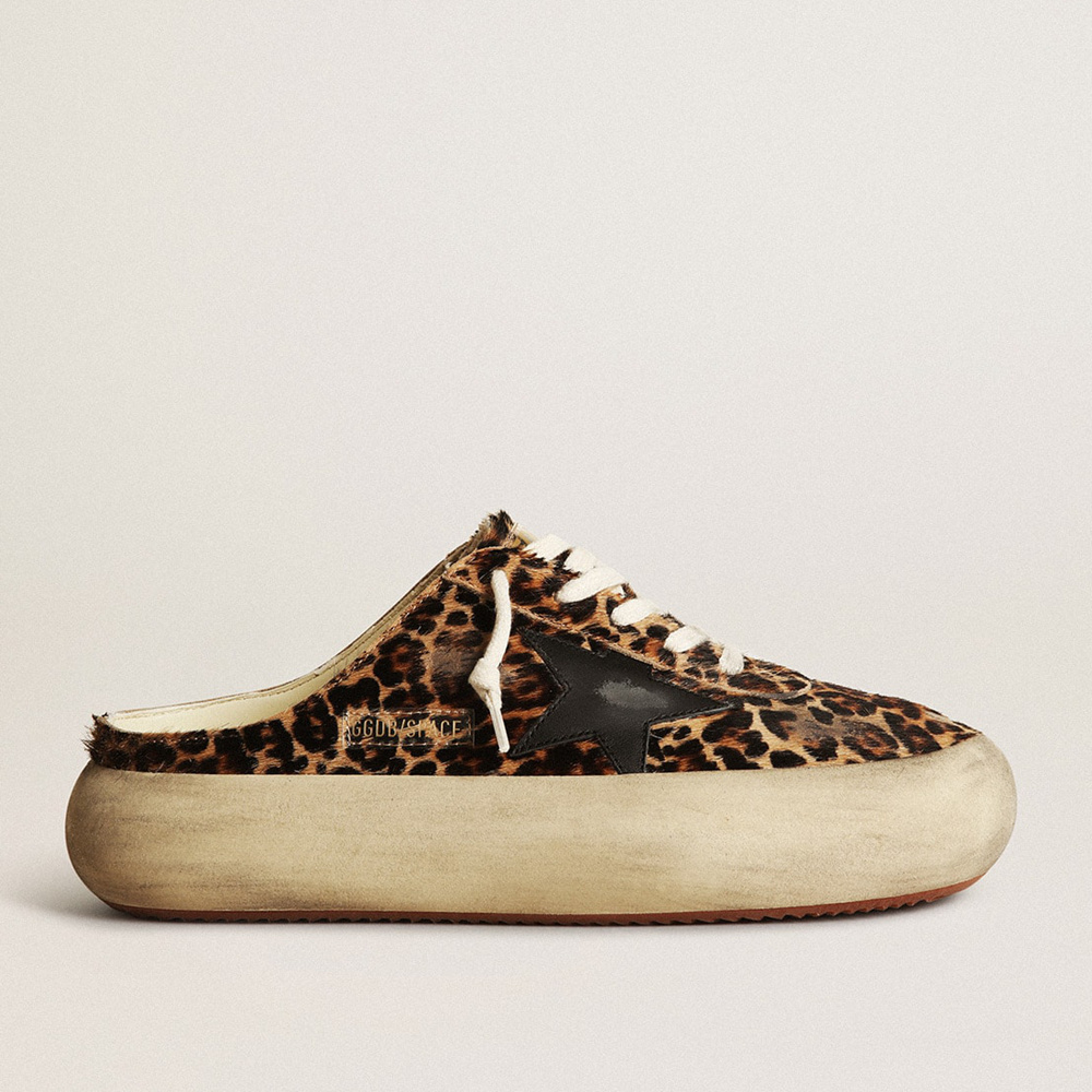 Golden Goose Women's Space-Star Sabot In Leopard Print Pony Skin With Black Star