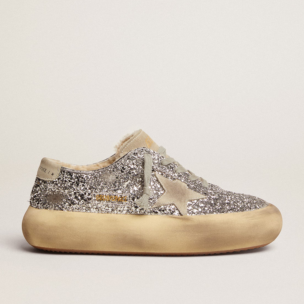 Golden Goose Women's Space-Star Shoes In Silver Glitter With Shearling Lining