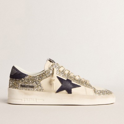 Golden Goose Women's Stardan In Platinum Glitter With Dark Blue Suede Star And Heel Tab