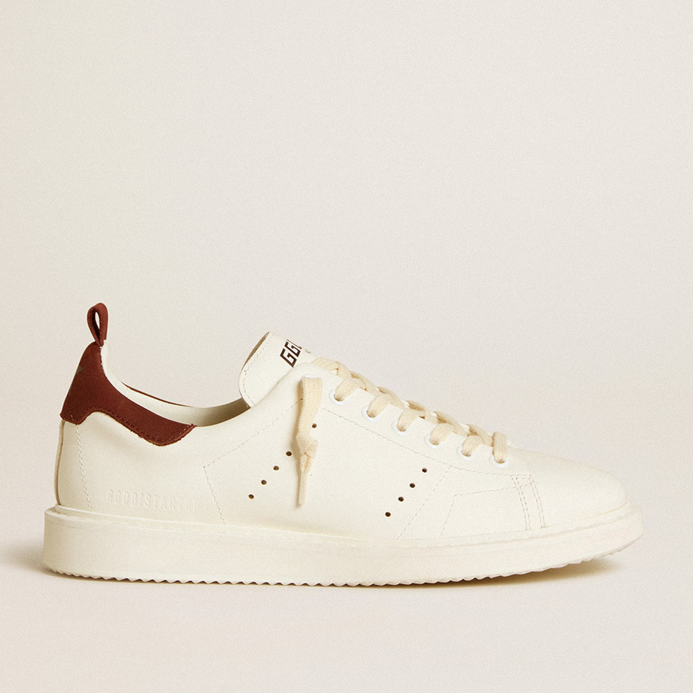 Golden Goose Women's Starter In White Leather With Burgundy Nubuck Heel Tab