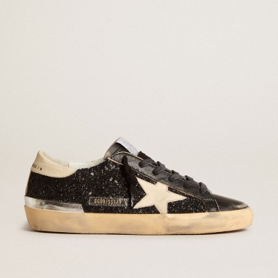 Golden Goose Women's Super-Star In Black Glitter And Nappa With Cream Leather Star And Heel Tab