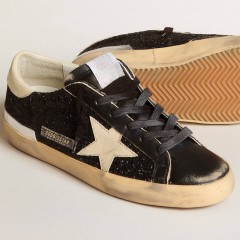 Golden Goose Women's Super-Star In Black Glitter And Nappa With Cream Leather Star And Heel Tab