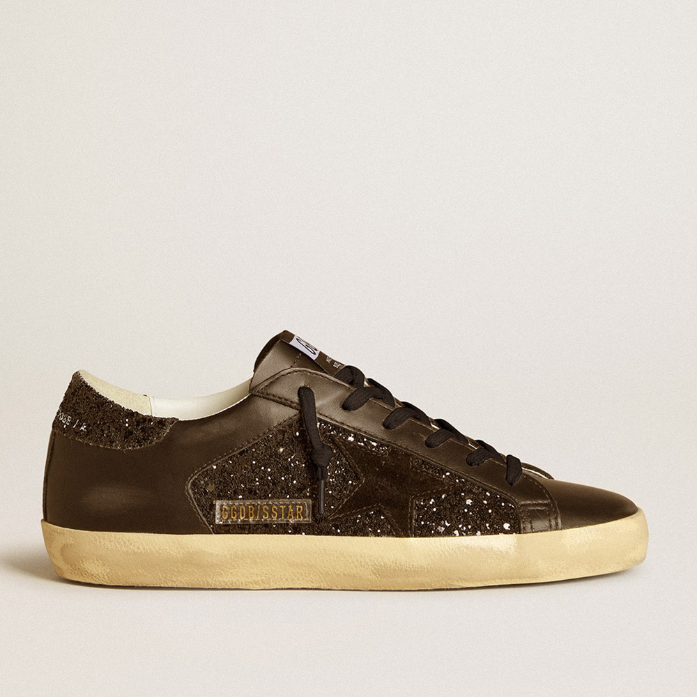 Golden Goose Women's Super-Star In Black Glitter With Black Suede Star And Leather Inserts