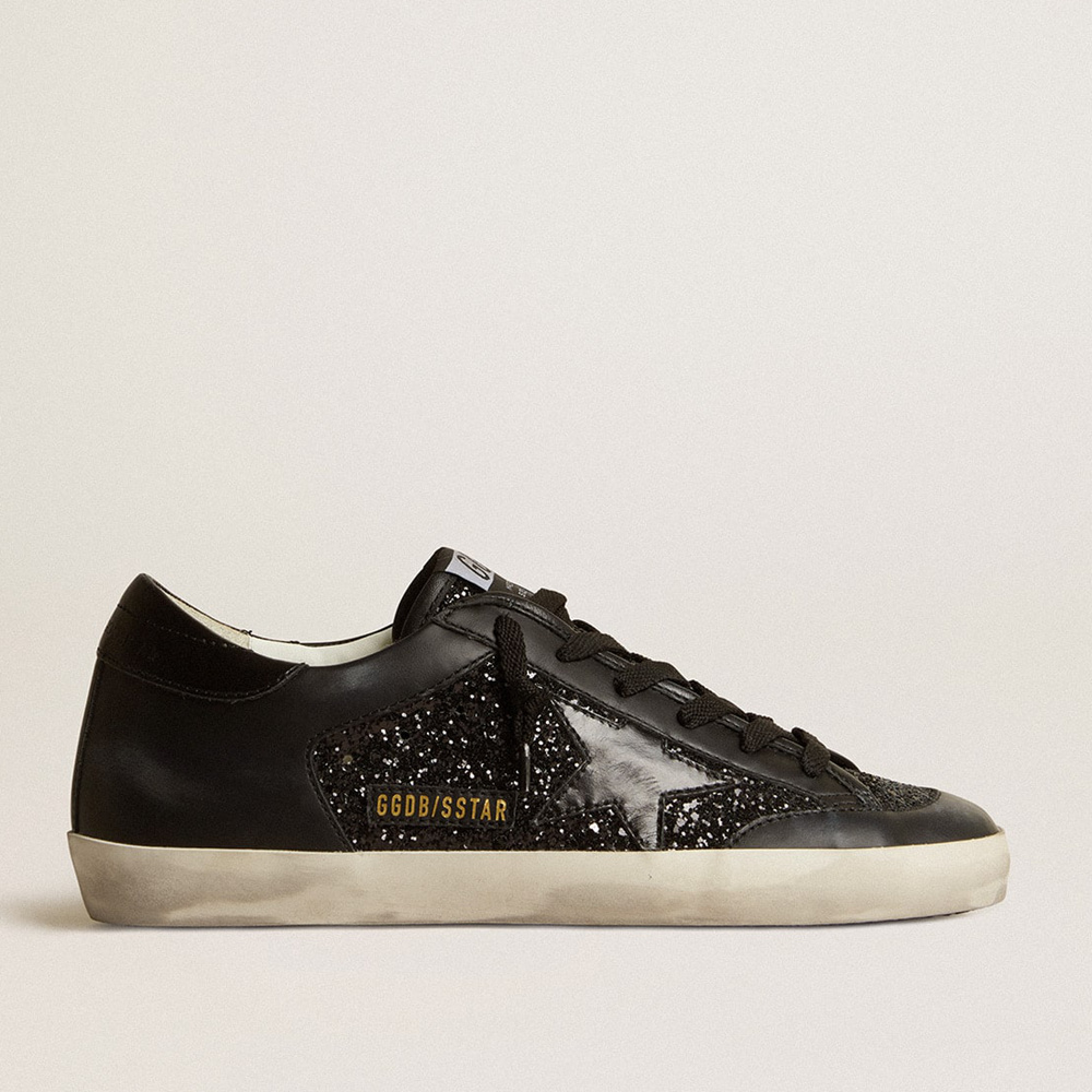 Golden Goose Women's Super-Star In Black Nappa And Glitter With Glossy Black Leather Star