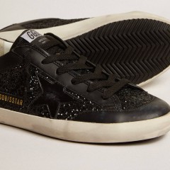 Golden Goose Women's Super-Star In Black Nappa And Glitter With Glossy Black Leather Star