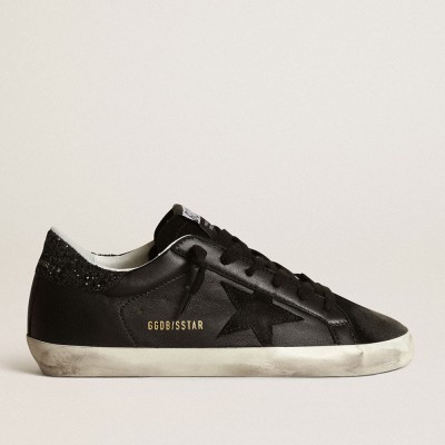 Golden Goose Women's Super-Star In Black Nappa With Black Star And Glitter Heel Tab