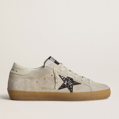 Golden Goose Women's Super-Star In Ice-gray Suede With Silver Glitter Star And Leather Heel Tab