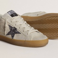 Golden Goose Women's Super-Star In Ice-gray Suede With Silver Glitter Star And Leather Heel Tab