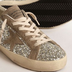 Golden Goose Women's Super-Star In Platinum Glitter With Dove-gray Suede Star