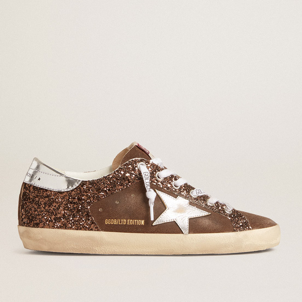 Golden Goose Women's Super-Star LTD In Brown Glitter And Suede With Leather Star And Heel Tab