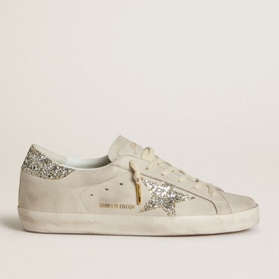 Golden Goose Women's Super-Star LTD In Ivory Nappa Leather With Platinum Glitter Star And Heel Tab