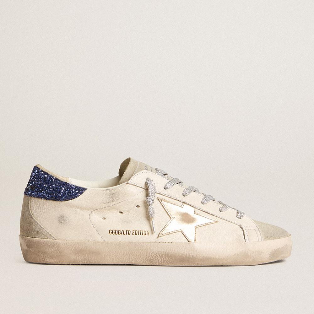 Golden Goose Women's Super-Star LTD In Nappa Leather With Platinum Star And Blue Glitter Heel Tab