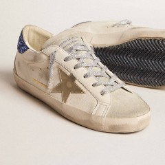 Golden Goose Women's Super-Star LTD In Nappa Leather With Platinum Star And Blue Glitter Heel Tab