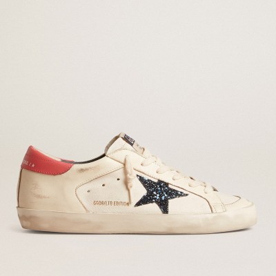 Golden Goose Women's Super-Star LTD In Nappa With Blue Glitter Star And Red Heel Tab