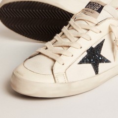 Golden Goose Women's Super-Star LTD In Nappa With Blue Glitter Star And Red Heel Tab