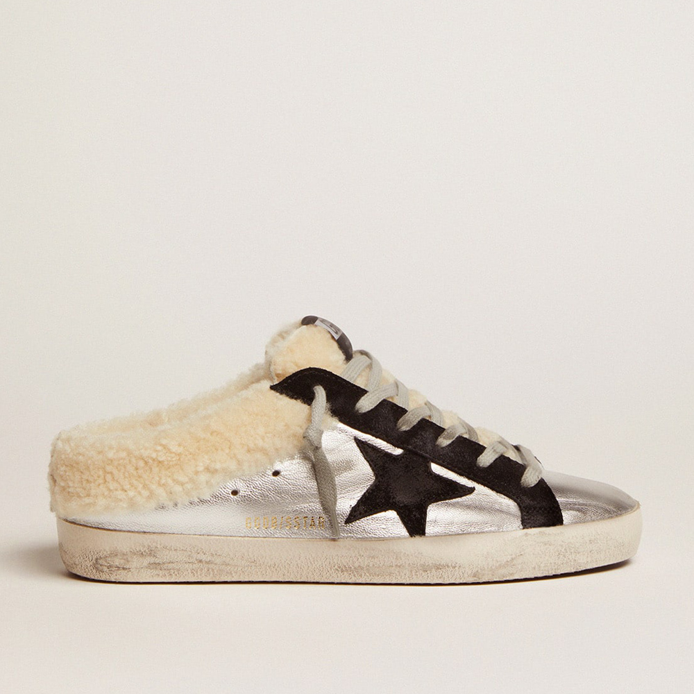 Golden Goose Women's Super-Star Sabot In Silver Laminated Leather With Black Star