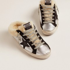 Golden Goose Women's Super-Star Sabot In Silver Laminated Leather With Black Star