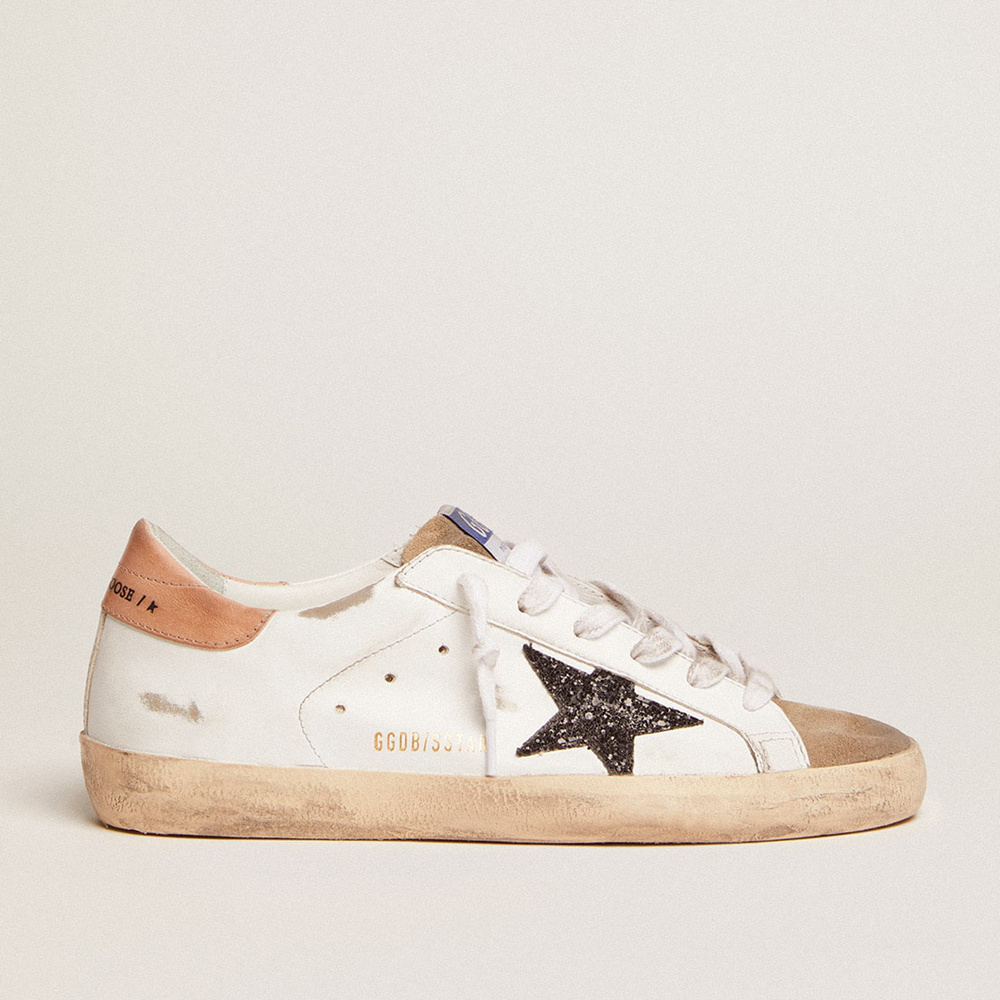 Golden Goose Women's Super-Star With Black Glitter Star And Pink Heel Tab