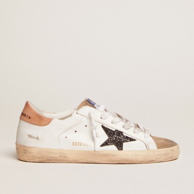 Golden Goose Women's Super-Star With Black Glitter Star And Pink Heel Tab