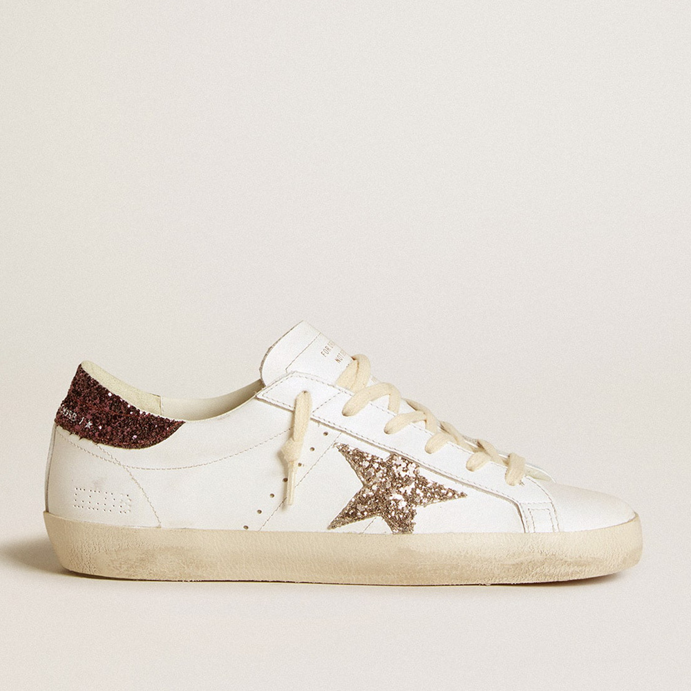 Golden Goose Women's Super-Star With Gold Glitter Star And Burgundy Glitter Heel Tab