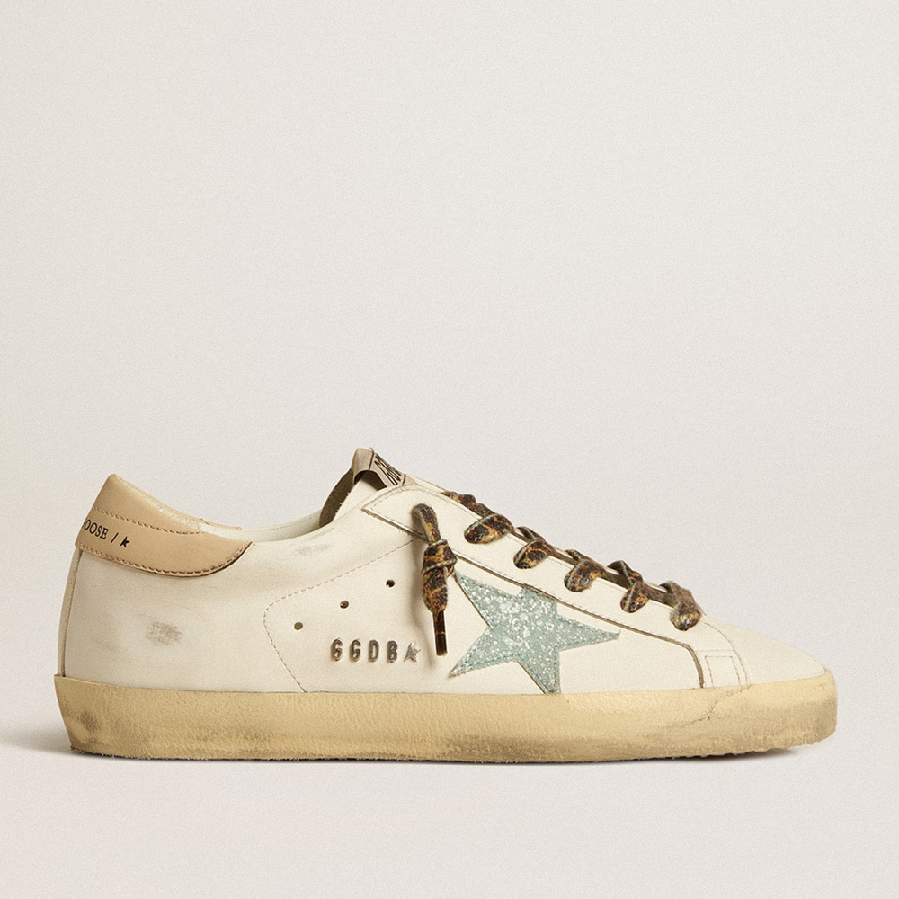 Golden Goose Women's Super-Star With Gray Glitter Star And Nude Leather Heel Tab