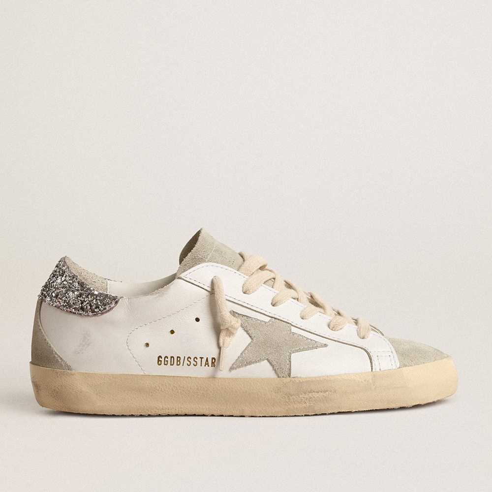 Golden Goose Women's Super-Star With Gray Star And Silver Glitter Heel Tab