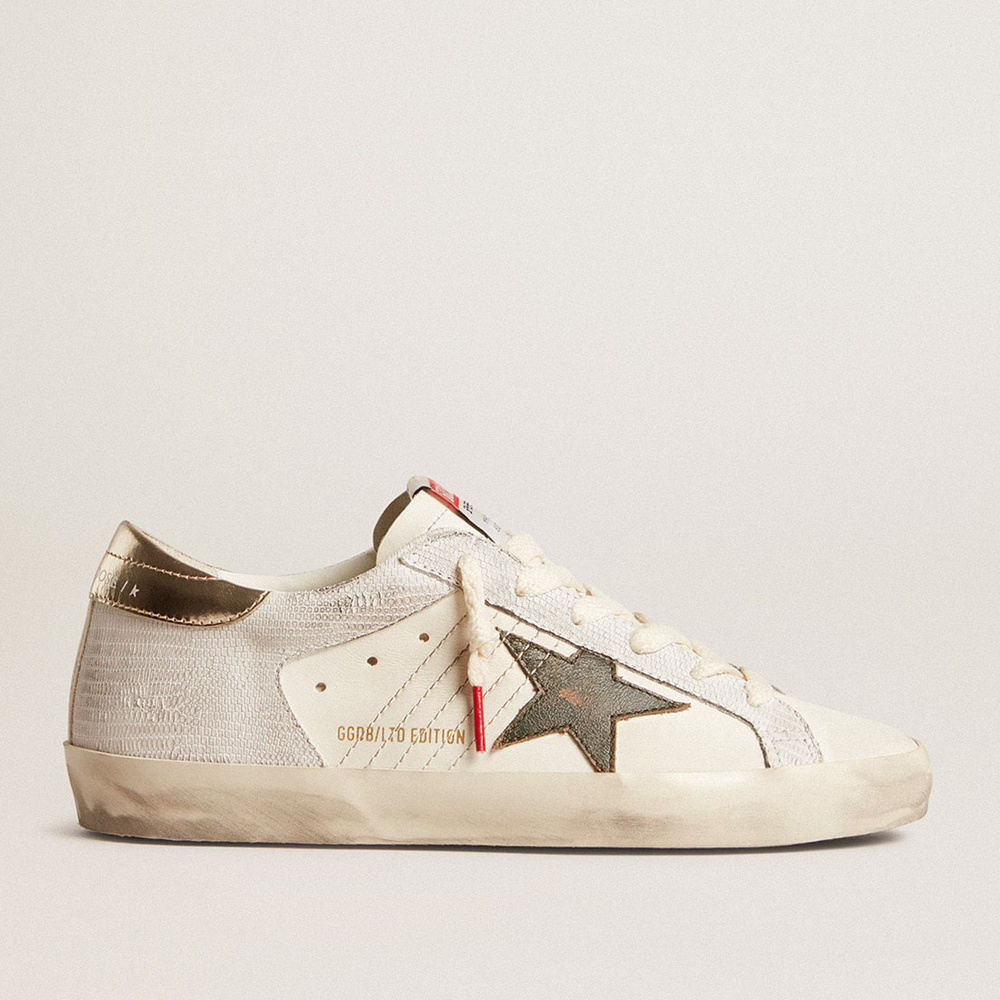 Golden Goose Women's Super-Star With Lizard Print With Green Star And Platinum Heel Tab