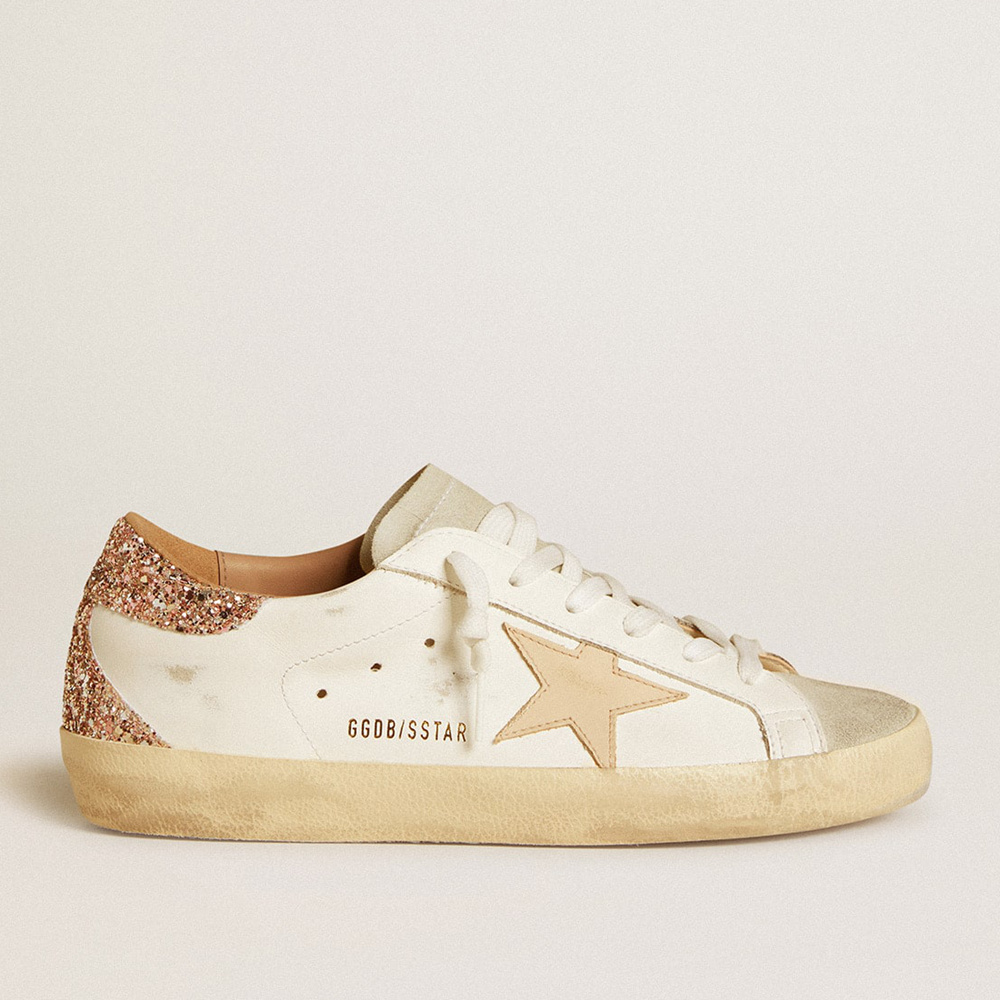 Golden Goose Women's Super-Star With Nude Leather Star And Gold Glitter Heel Tab