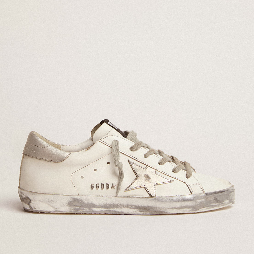 Golden Goose Women's Super-Star With Silver Sparkle Foxing And Metal Stud Lettering