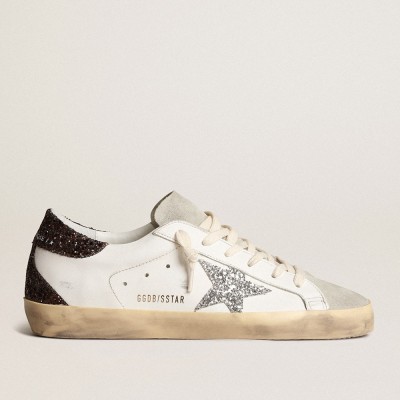 Golden Goose Women's Super-Star With Silver Star And Brown Glitter Heel Tab