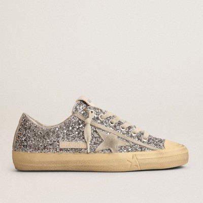 Golden Goose Women's V-Star LTD In Silver Glitter With Ice-gray Suede Star