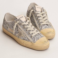 Golden Goose Women's V-Star LTD In Silver Glitter With Ice-gray Suede Star