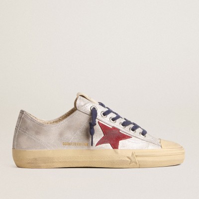 Golden Goose Women's V-Star LTD In Silver Metallic Suede With Red Suede Star