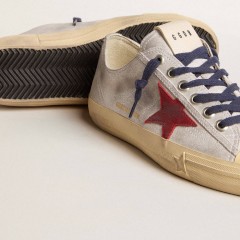 Golden Goose Women's V-Star LTD In Silver Metallic Suede With Red Suede Star