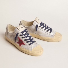 Golden Goose Women's V-Star LTD In Silver Metallic Suede With Red Suede Star