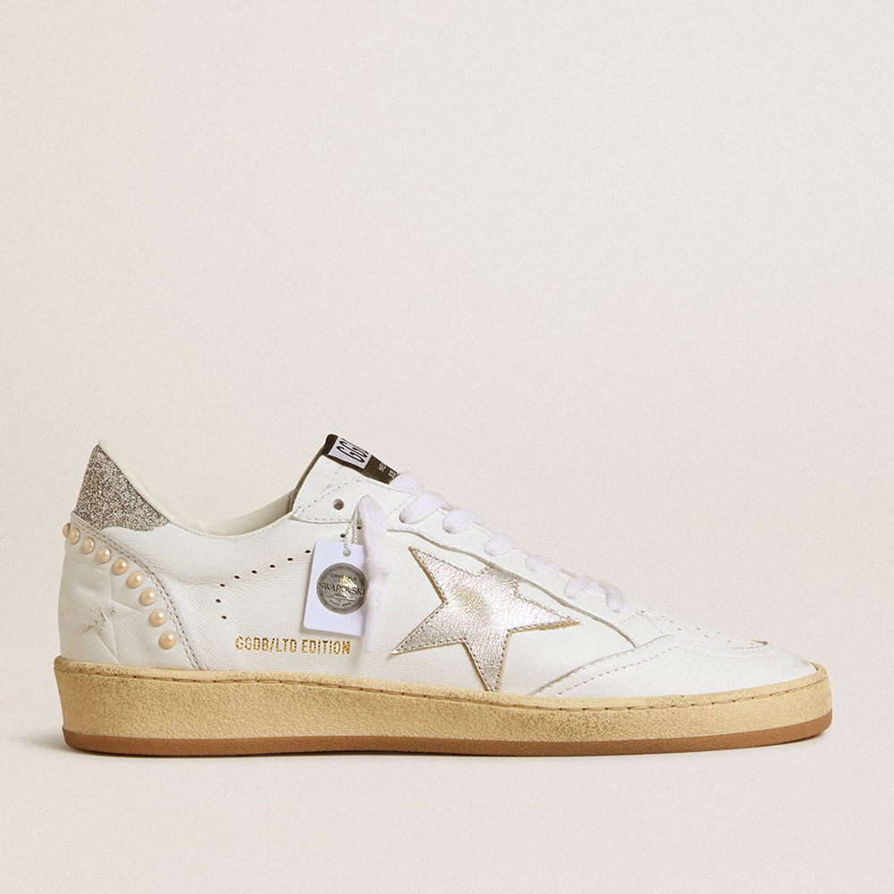 Golden Goose Women's White Ball Star With A Silver Star And Swarovski Crystal Heel Tab With Pearls