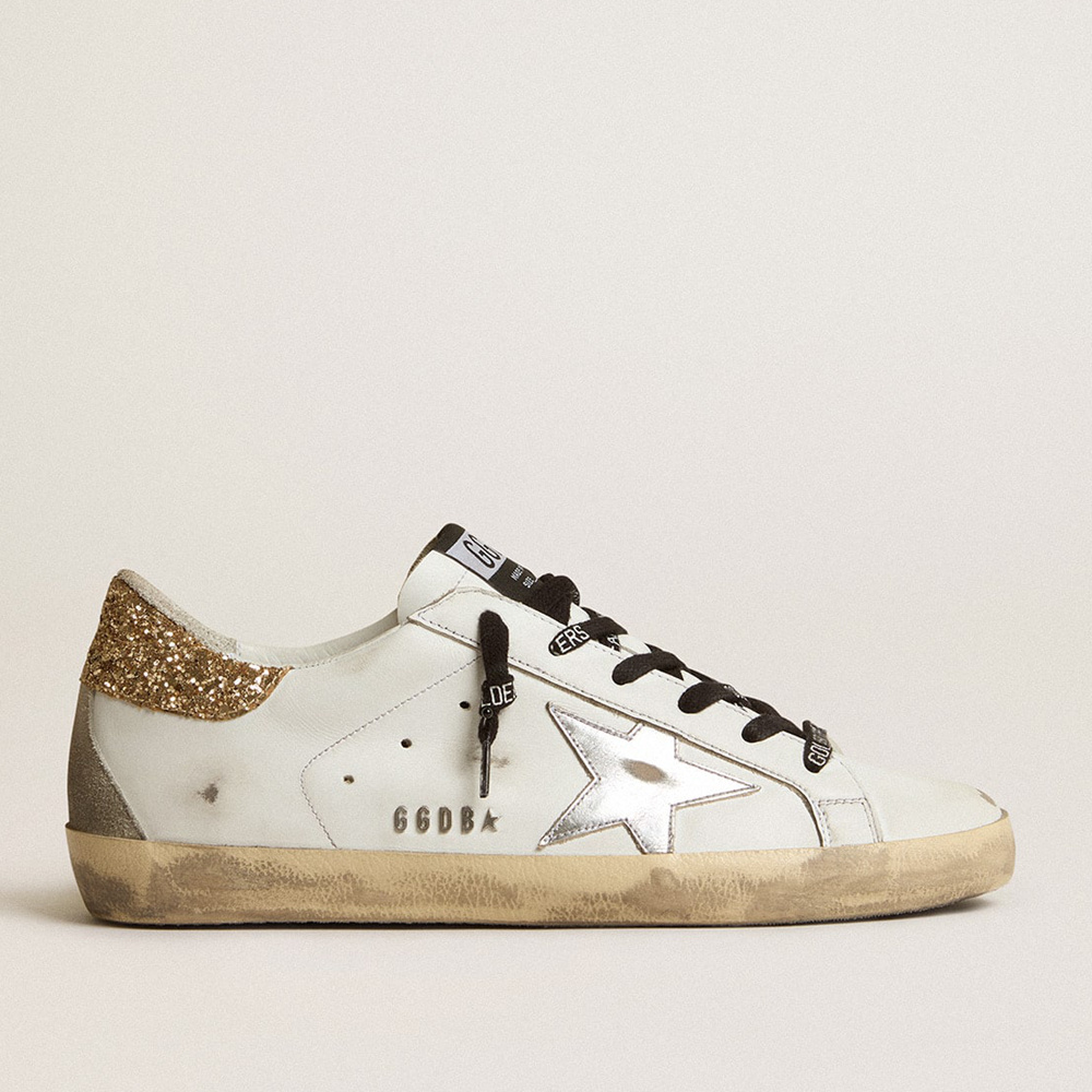 Golden Goose Women's White Leather Super-Star Sneakers With Glittery Heel Tab