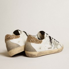 Golden Goose Women's White Leather Super-Star Sneakers With Glittery Heel Tab