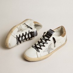 Golden Goose Women's White Leather Super-Star Sneakers With Glittery Heel Tab