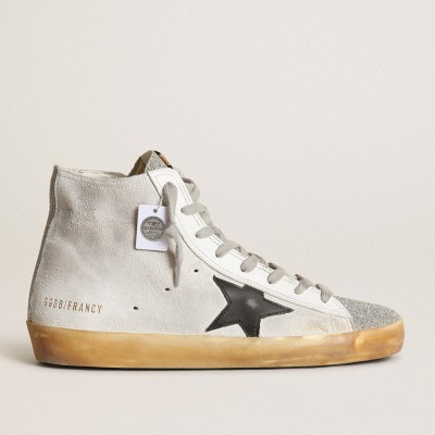 Golden Goose Women's Francy In White Suede With Black Leather Star And Silver Swarovski Crystal Tongue