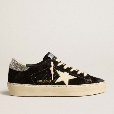 Golden Goose Women's Hi Star In Black Leather With Silver Glitter Heel Tab