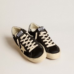 Golden Goose Women's Hi Star In Black Leather With Silver Glitter Heel Tab