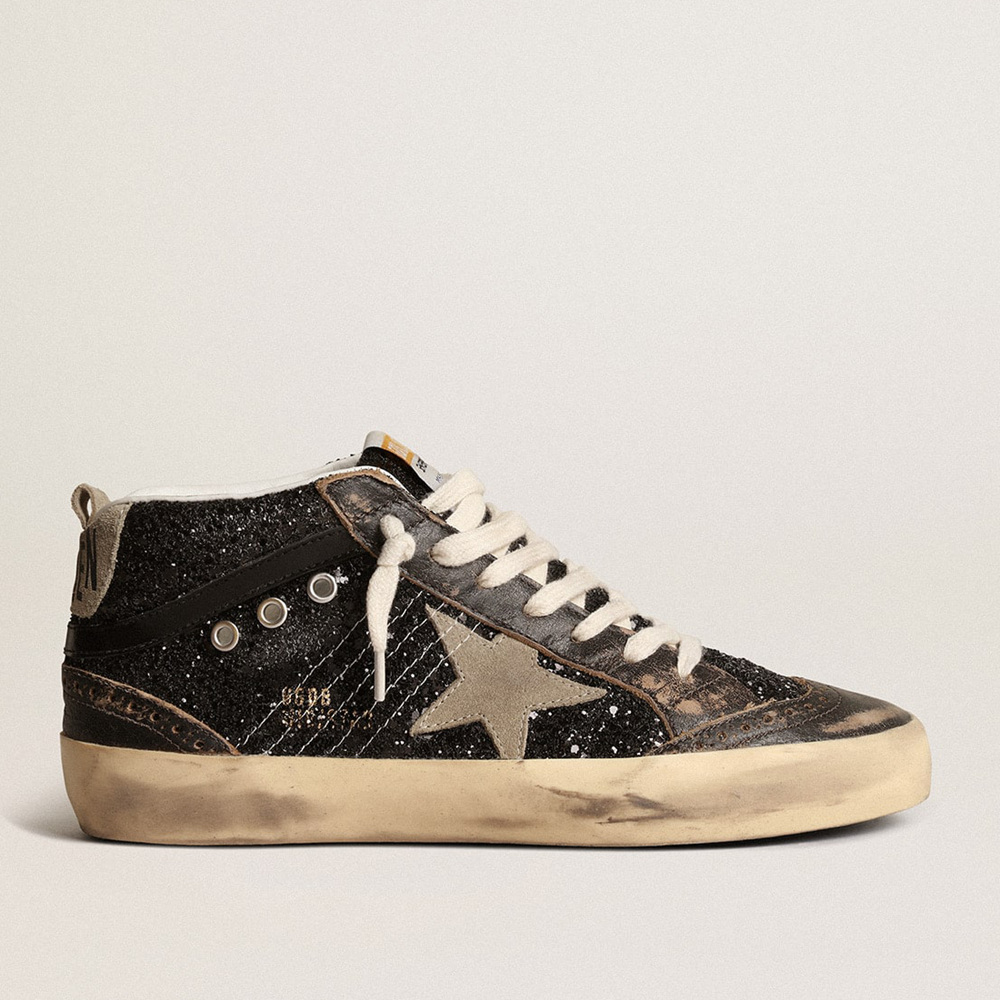 Golden Goose Women's Mid Star In Black Glitter With Dove-gray Suede Star And Heel Tab