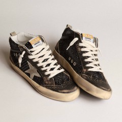 Golden Goose Women's Mid Star In Black Glitter With Dove-gray Suede Star And Heel Tab