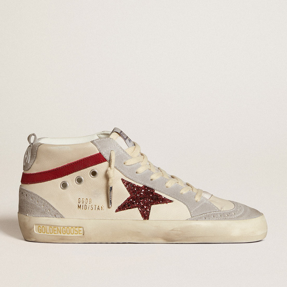 Golden Goose Women's Mid Star In Leather With Glitter Star And Red Nubuck Flash