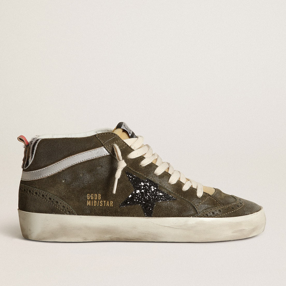 Golden Goose Women's Mid-Star In Olive-green Suede With Black Glitter Star And Pony Skin Heel Tab