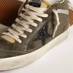 Golden Goose Women's Mid-Star In Olive-green Suede With Black Glitter Star And Pony Skin Heel Tab